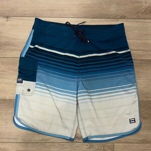 Billabong recycle 73 pro Men's blue and Gray Striped Board Shorts size 30”